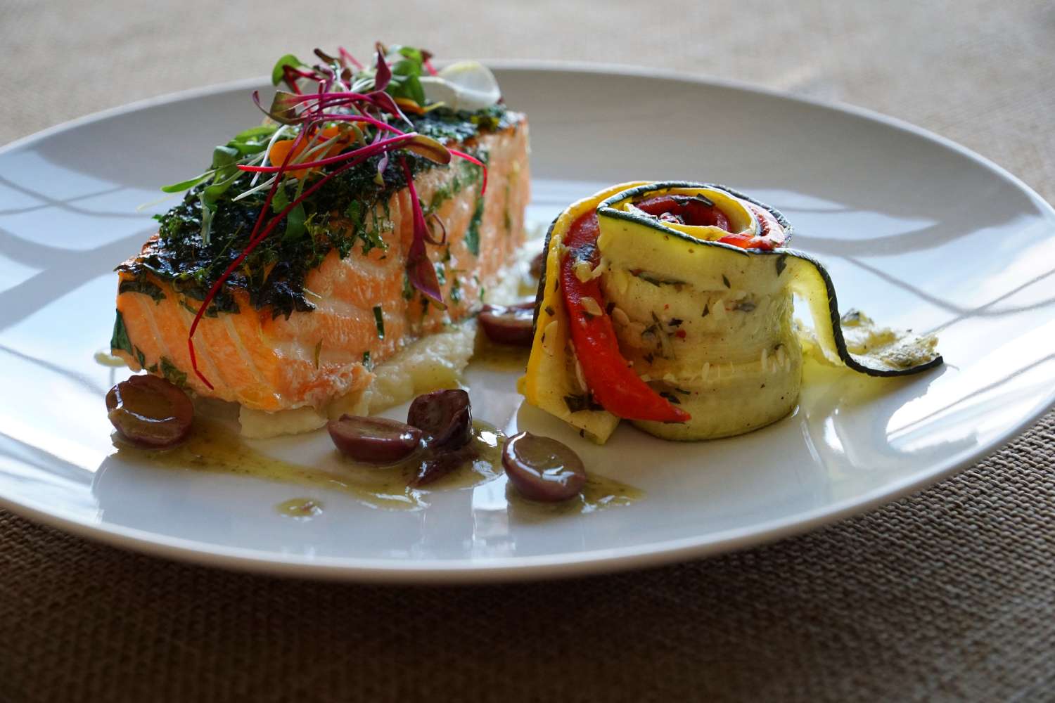 Herb Roasted Faroe Island Salmon, Lemony Parsnip Puree, Provencal Vegetables(pinwheel), Nicoise Olive Vinaigrette3